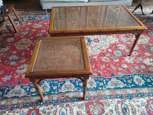 Set van 2 bamboo rotan tafeltjes te koop, Huis en Inrichting, Tafels | Salontafels, Zo goed als nieuw, Rechthoekig, Glas, Ophalen