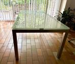 Tafel met blad in mat glas en inox poten, Huis en Inrichting, Ophalen, 50 tot 100 cm, Zo goed als nieuw, Vijf personen of meer