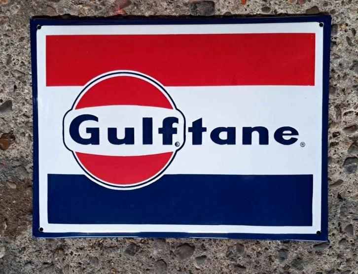 Gulf tane  emaillen benzine olie reclame decoratie bord, Collections, Marques & Objets publicitaires, Utilisé, Panneau publicitaire