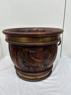 Retro houten eiken cachepot met snijwerk, Antiek en Kunst, Ophalen