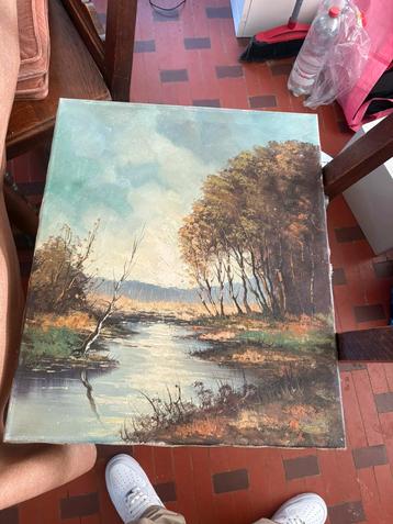 Tableau paysage rivière – Huile sur toile vintage beschikbaar voor biedingen