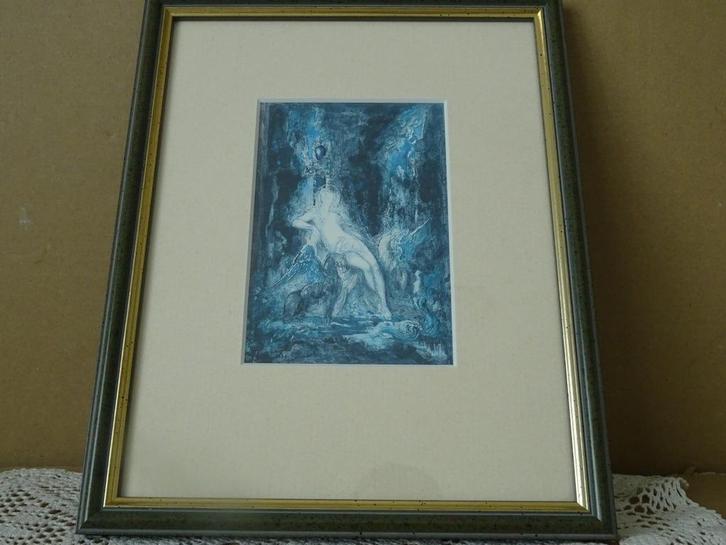 Abstracte mythologische prent naakte vrouw op troon 23x28cm, Antiek en Kunst, Curiosa en Brocante, Ophalen of Verzenden