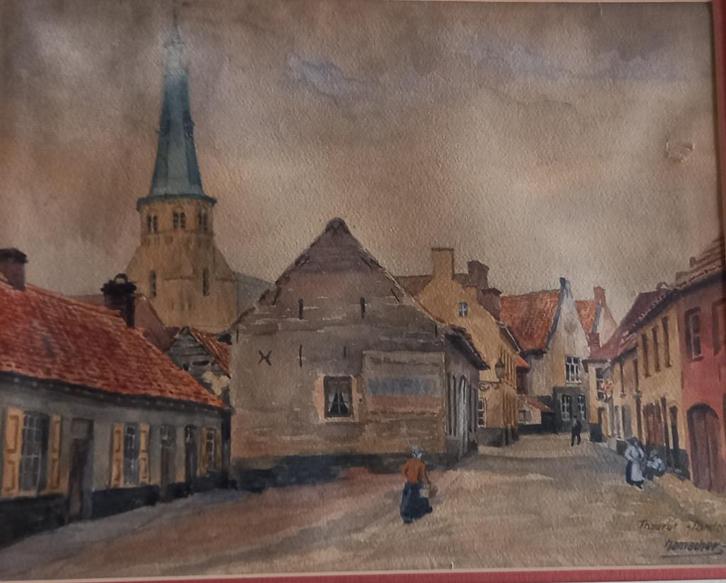 Aquarel Torhout - Alfred Hamacher, Antiek en Kunst, Kunst | Schilderijen | Klassiek, Ophalen of Verzenden