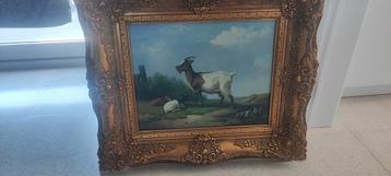 Oud olie schilderij op paneel geiten gesigneerd beschikbaar voor biedingen