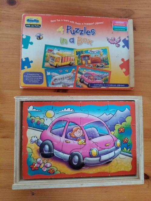 Grafix : houten puzzeldoos 4 puzzels voertuigen 12 stuks, Kinderen en Baby's, Speelgoed | Kinderpuzzels, Zo goed als nieuw, 2 tot 4 jaar