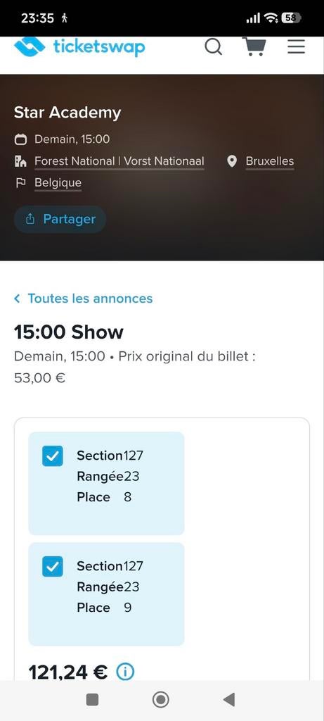 2 places assises concert star academy 18 avril 2026 15h00