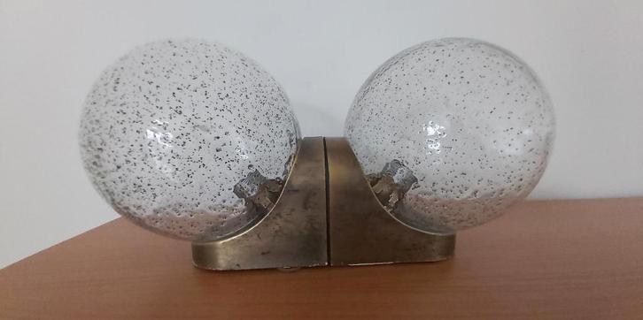 Leuke vintage plafondlamp dubbele bol gespikkeld glas, Huis en Inrichting, Lampen | Plafondlampen, Glas, Ophalen of Verzenden