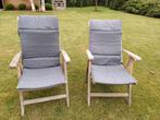 Twee verstelbare teaken tuinstoelen met kussens, Jardin & Terrasse, Chaises de jardin, Enlèvement, Utilisé, Bois de teck, Ajustable