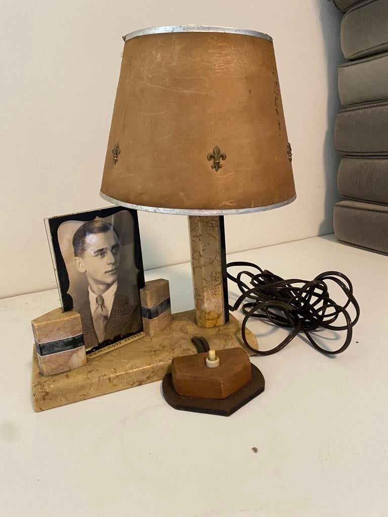 Vintage tafellamp met fotolijst en marmeren voet, Huis en Inrichting, Lampen | Tafellampen, Zo goed als nieuw, Ophalen of Verzenden