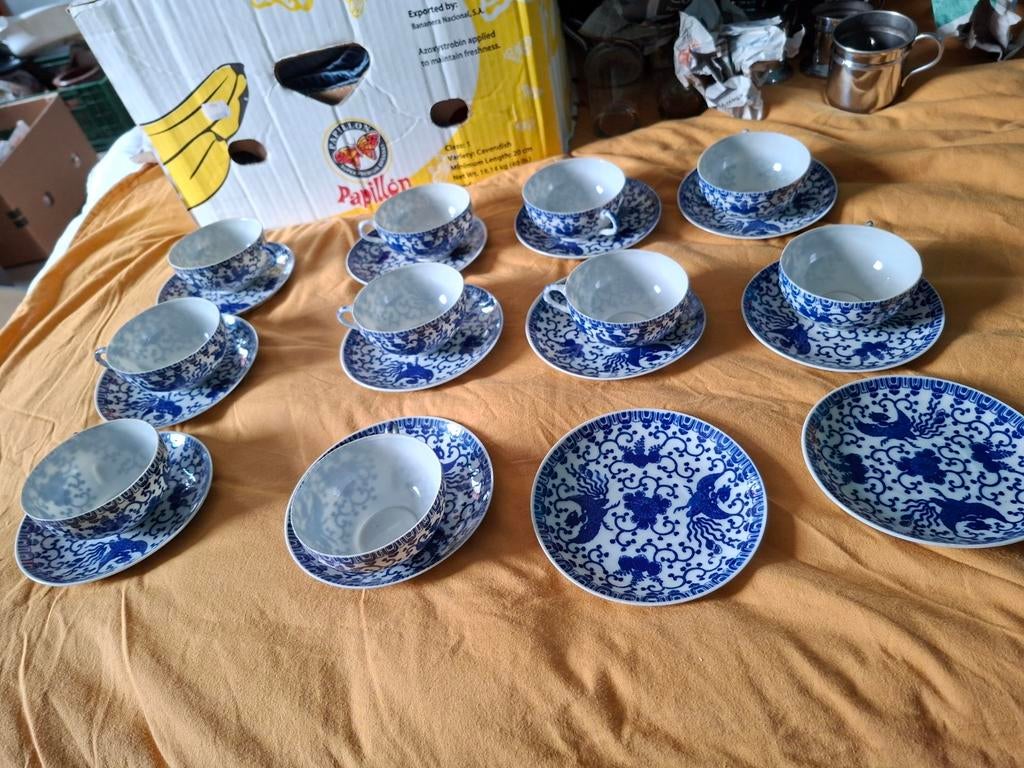 Service à café/thé en porcelaine chinoise bleu blanc – motif, Antiquités & Art, Enlèvement ou Envoi
