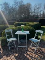 Bistro set: tafel + 2 stoelen + 2 kussens, Zo goed als nieuw, Tuinset, Hout, Eettafel