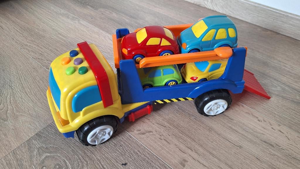 speelgoed vrachtwagen autotransporter met 4 auto’s, Ophalen, Gebruikt