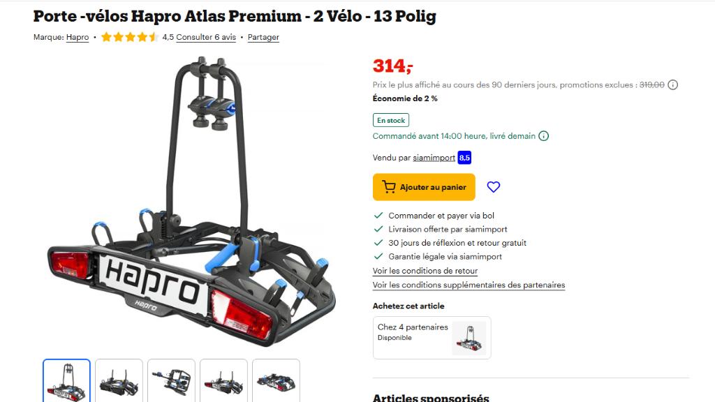 porte vélo HAPRO, Support d'attelage, 2 vélos, Comme neuf, Vélo électrique