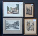 LOT van 4 etsen - Stadszichten Brugge - ingekaderd, Antiek en Kunst, Ophalen of Verzenden