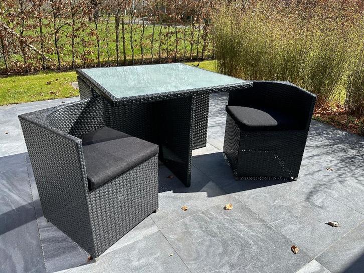 Design tuintafel met 4 stoelen, Jardin & Terrasse, Tables de jardin, Comme neuf, Carré, Osier, Enlèvement