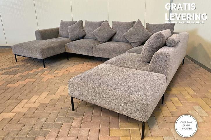 Montel Grote Grijze Stoffen U-Zetel -Gratis levering NL & BE, Maison & Meubles, Canapés | Salons, Comme neuf, Banc d'angle, Quatre personnes ou plus