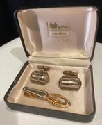 Boutons de manchette doublés + pince à cravate, Enlèvement ou Envoi, Utilisé, Or, Doré