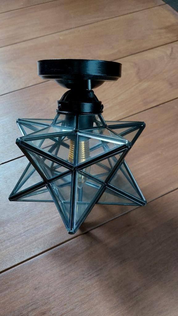 ⭐ Plafondlamp van staal en zwart glas — zeer goede staat, Huis en Inrichting, Lampen | Plafondlampen, Zo goed als nieuw, Glas