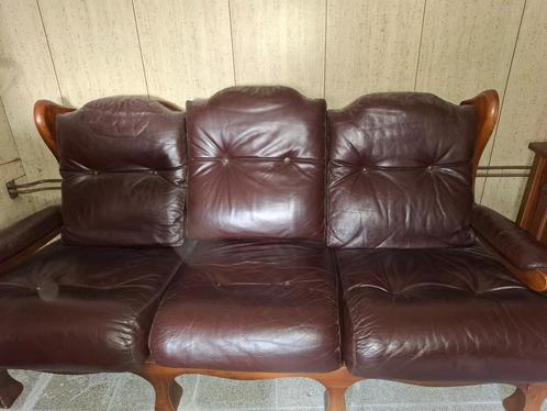 Lederen driezit en fauteuil, Huis en Inrichting, Fauteuils, Gebruikt, Hout, Leer, 125 cm of meer, Ophalen
