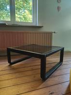 Table basse vintage carrée bois et verre fumé, Ophalen, Gebruikt, Glas