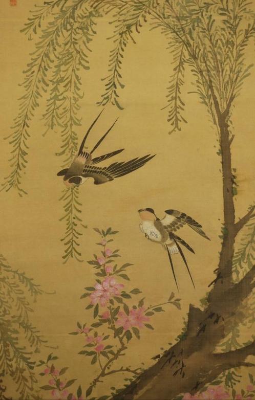 Zwaluwen onder een bonte wilg - rolschildering Japan, Antiek en Kunst, Kunst | Schilderijen | Klassiek, Ophalen of Verzenden