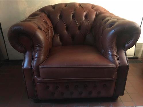 CHESTERFIELD CLUB FAUTEUIL ENGELSE WINCHESTER BRUIN/ ROOD, Huis en Inrichting, Fauteuils, Zo goed als nieuw, Leer, Ophalen