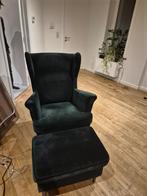 Ikea STRANDMON Oorfauteuil + Voetenbank, donkergroen, Huis en Inrichting, Fauteuils, Ophalen, Kunststof, Gebruikt, 75 tot 100 cm