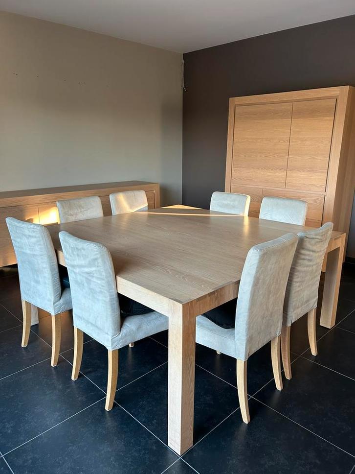 Massief eiken eetkamer – tafel, 8 stoelen, dressoir & kast, Huis en Inrichting, Complete eetkamers, Gebruikt, 8 stoelen of meer