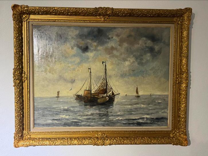 Antik schilderij Zeezicht met schepen., Antiek en Kunst, Kunst | Schilderijen | Klassiek, Ophalen