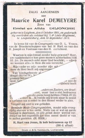 Soldaat. Demeyere Maurice. ° Iseghem 1901 † Leopolsburg 1923, Enlèvement ou Envoi, Image pieuse