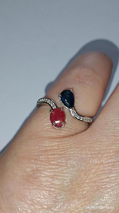 Verstelbare sterling zilver ring met natuurlijke saffier, Handtassen en Accessoires, Ringen, Nieuw, Dame, Blauw, Zilver, Met edelsteen