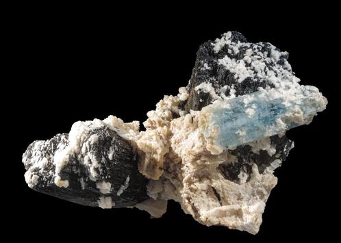 AQUAMARIJN op ORTHOKLAAS  + TOERMALIJN uit Namibië, Verzamelen, Mineralen en Fossielen, Mineraal, Ophalen of Verzenden