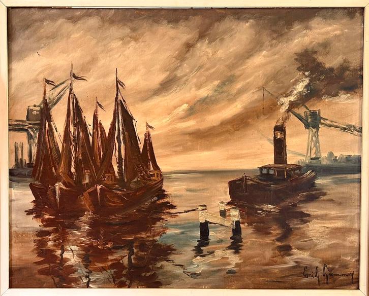 Havenzicht met zeilboten en stoomschip., Antiek en Kunst, Kunst | Schilderijen | Klassiek, Ophalen