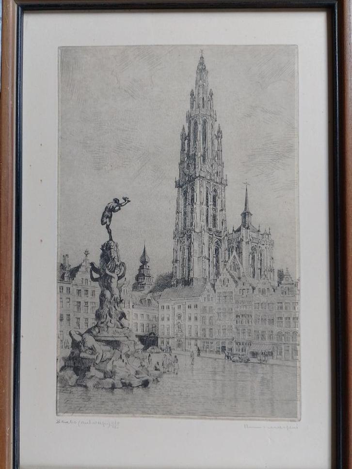 Romain Malfliet  1910 - 2006   Ets  Brabo  Antwerpen, Antiek en Kunst, Kunst | Etsen en Gravures, Verzenden