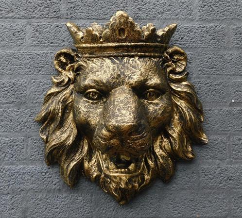 Tête de lion avec couronne - doré/noir par Polystone, Antiquités & Art, Curiosités & Brocante, Enlèvement ou Envoi