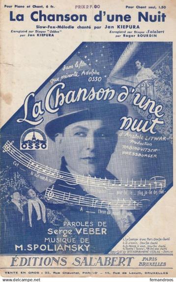 LA CHANSON D UNE NUIT SLOW-FOX-MELODIE CHANTE JAN KIEPURA PA, Musique & Instruments, Enlèvement ou Envoi, Utilisé, Thème
