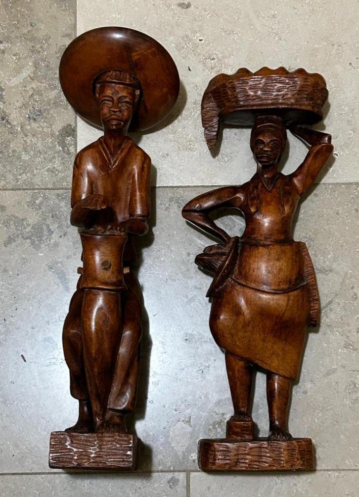 set/2 houten beeldjes uit Haïti 1970s, Antiek en Kunst, Kunst | Beelden en Houtsnijwerken, Ophalen of Verzenden