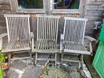 Teak tuinstoelen 2 met armleuningen, 1 rechte, Tuin en Terras, Ophalen, Gebruikt, Hout, Inklapbaar