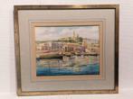 Aquarel op papier onder glas – Havenzicht, Antiek en Kunst, Ophalen of Verzenden