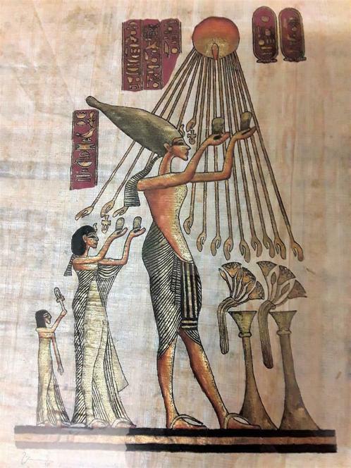 Parchemin égyptien - cadre doré - Aton Akhenaton Néfertiti, Antiquités & Art, Art | Art non-occidental, Enlèvement ou Envoi