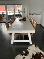 Te koop: eetkamer met 8 stoelen, salontafel en 3 barkrukken., Ophalen, Gebruikt, 100 tot 150 cm, 200 cm of meer