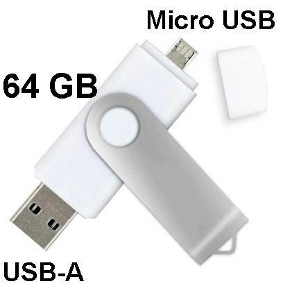 64GB USB stick met USB-A èn Micro-USB Adapter - Wit 20x65 mm, Computers en Software, USB Sticks, Nieuw, Ophalen of Verzenden