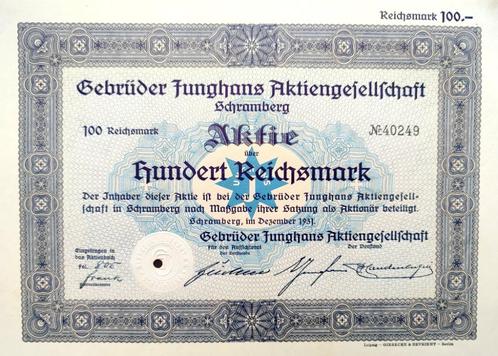 Origineel JUNGHANS (klokken & horloges) aandeel uit 1931, Timbres & Monnaies, Actions & Titres, Action, 1920 à 1950, Enlèvement ou Envoi