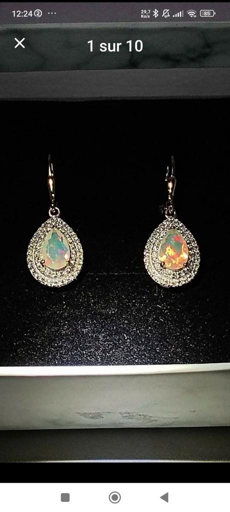 Vergulde oorbellen van sterling zilver met opalen, Handtassen en Accessoires, Oorbellen, Nieuw, Hangers, Zilver, Geel, Met edelsteen