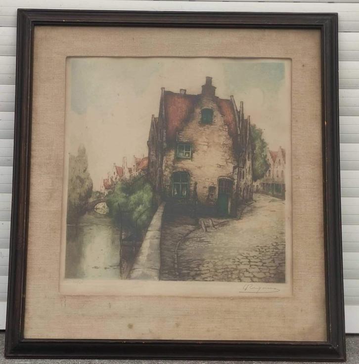 Gravure village flamand signe Louis rigaux, Antiek en Kunst, Kunst | Etsen en Gravures, Ophalen of Verzenden