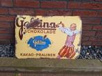Antiek emaille gebold bord van Goldina-chocolade uit 1915., Ophalen of Verzenden, Gebruikt, Reclamebord