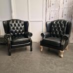 Originele Chesterfield Fauteuil Set – Zwart | 100% Leder | N, Antiek en Kunst, Ophalen