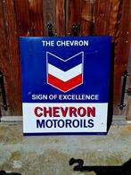 XL emaille reclamebord Chevron Motoroil, Langcat Bussum️️⛽️, Verzamelen, Merken en Reclamevoorwerpen, Ophalen, Gebruikt, Reclamebord