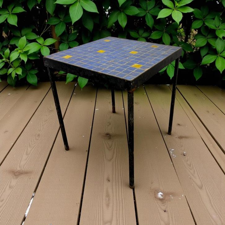 Vintage blauw mozaïeken bijzettafel / plantentafel, Antiek en Kunst, Antiek | Meubels | Tafels, Ophalen of Verzenden