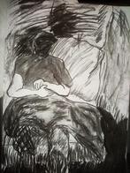 Model houtskool tekening kunst op A4 zittende man, Antiek en Kunst, Ophalen of Verzenden